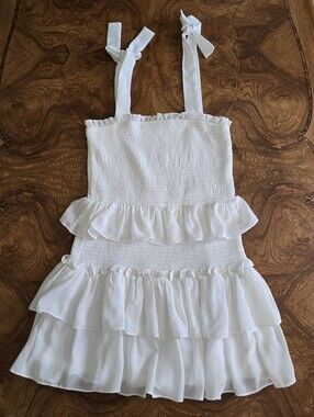 TCEC White Smocked Tiered Ruffle Mini Dress Womens Size L Coquette Cottagecore